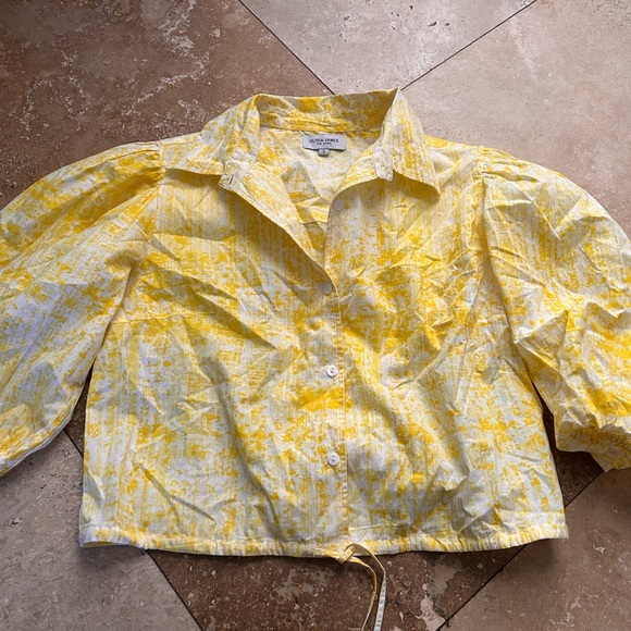 Olivia James the label yellow white collared drawstring hem top size small - Picture 2 of 4